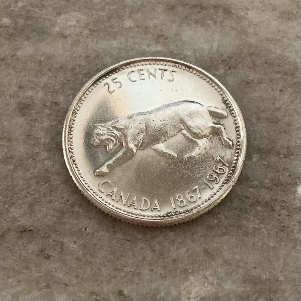 1967 (1867-) Canadian 25-Cent Bobcat Confederation Centennial Slvr Quarter Coin